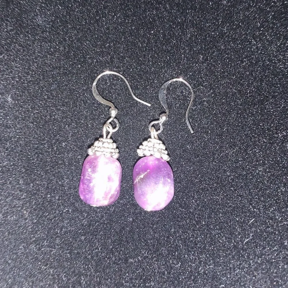 Vintage Silver Amethyst Hook Back‎ Drop Earrings
